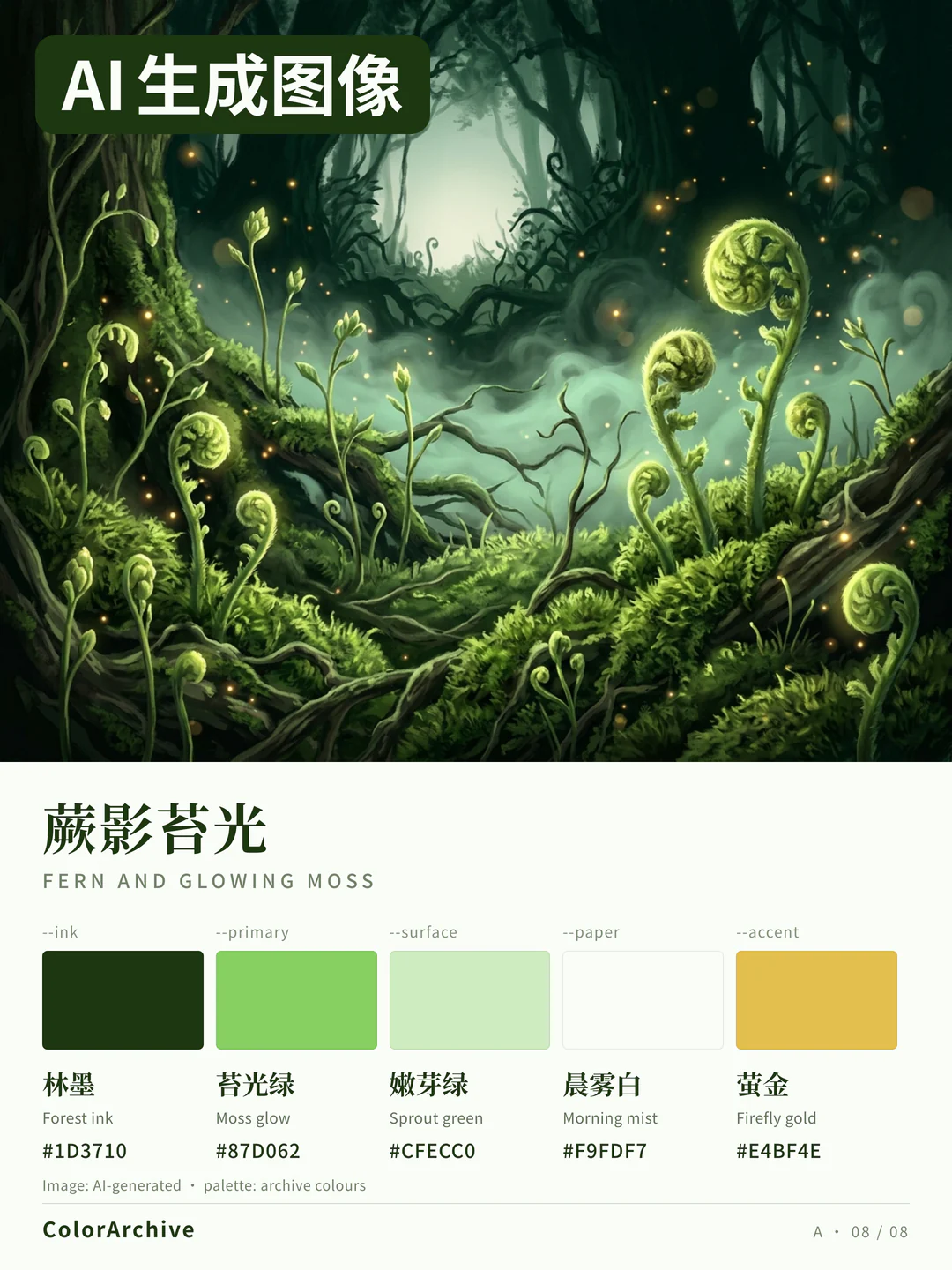 AI-generated image: low view of a forest floor with unfurling ferns, glowing moss and flecks of gold light, with five swatches and hex codes.