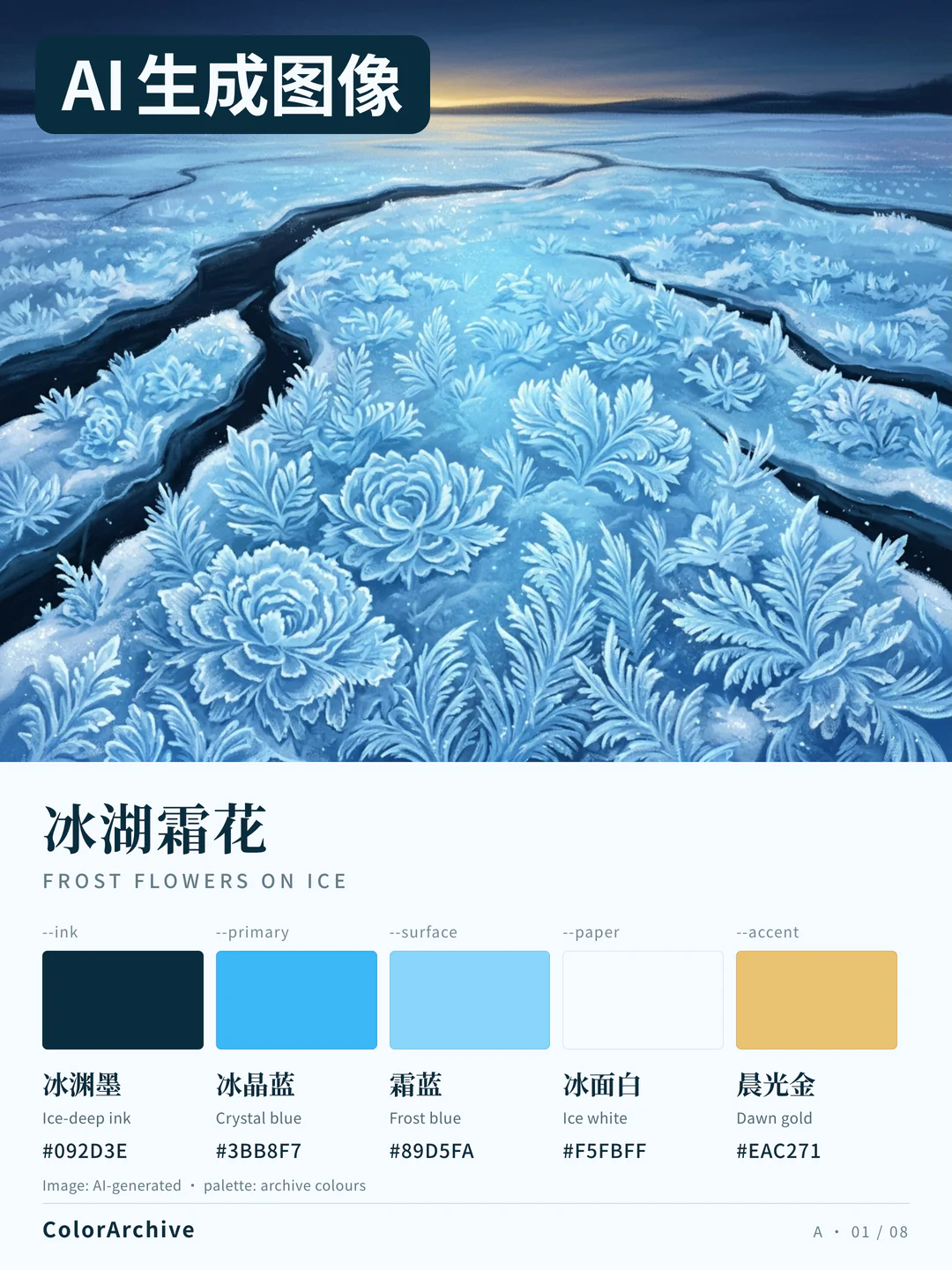 AI-generated image: frost flowers on a frozen lake at sunrise, with five swatches and hex codes.