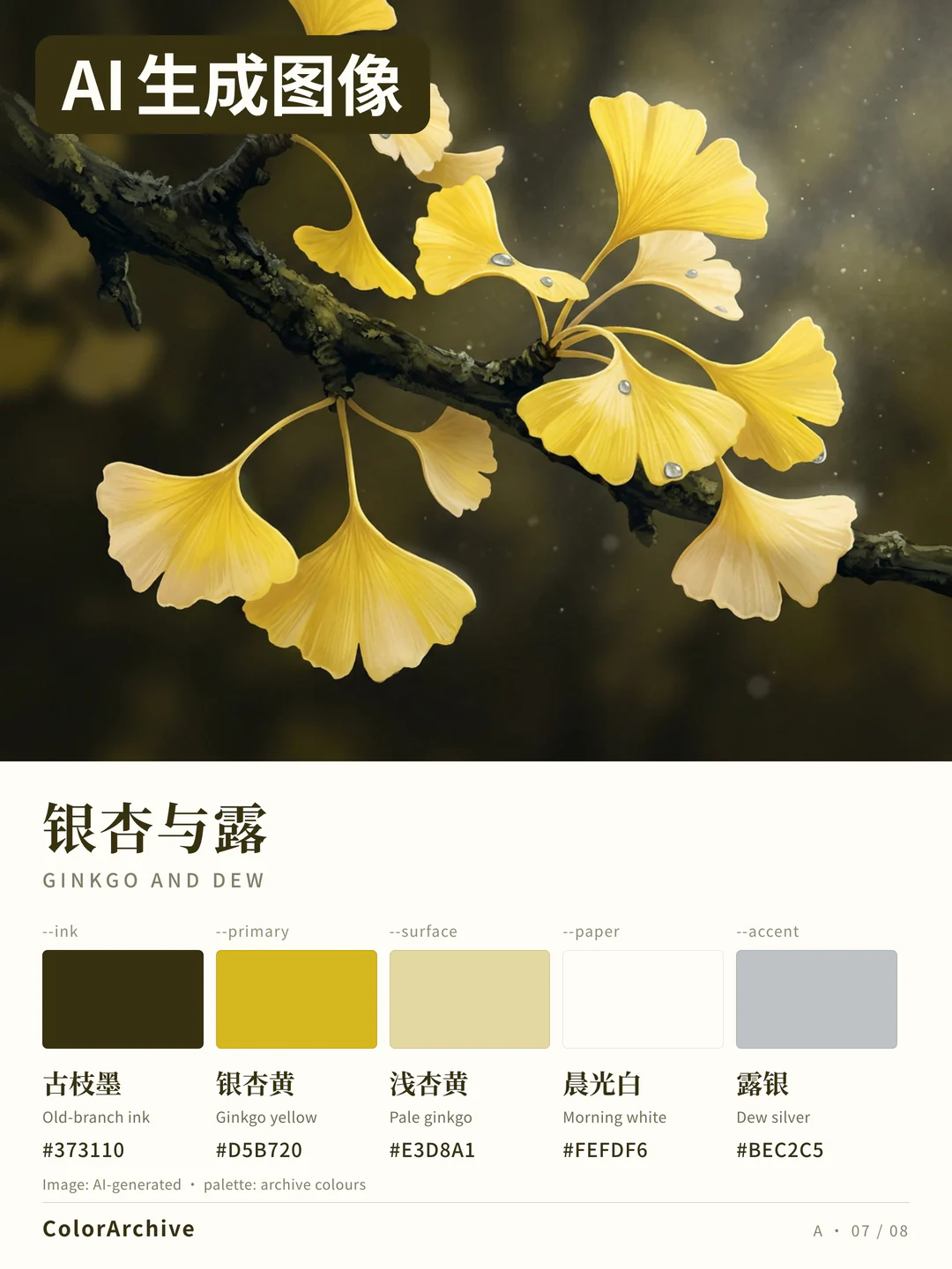 AI-generated image: golden ginkgo leaves on a dark branch with silver-grey dewdrops, with five swatches and hex codes.