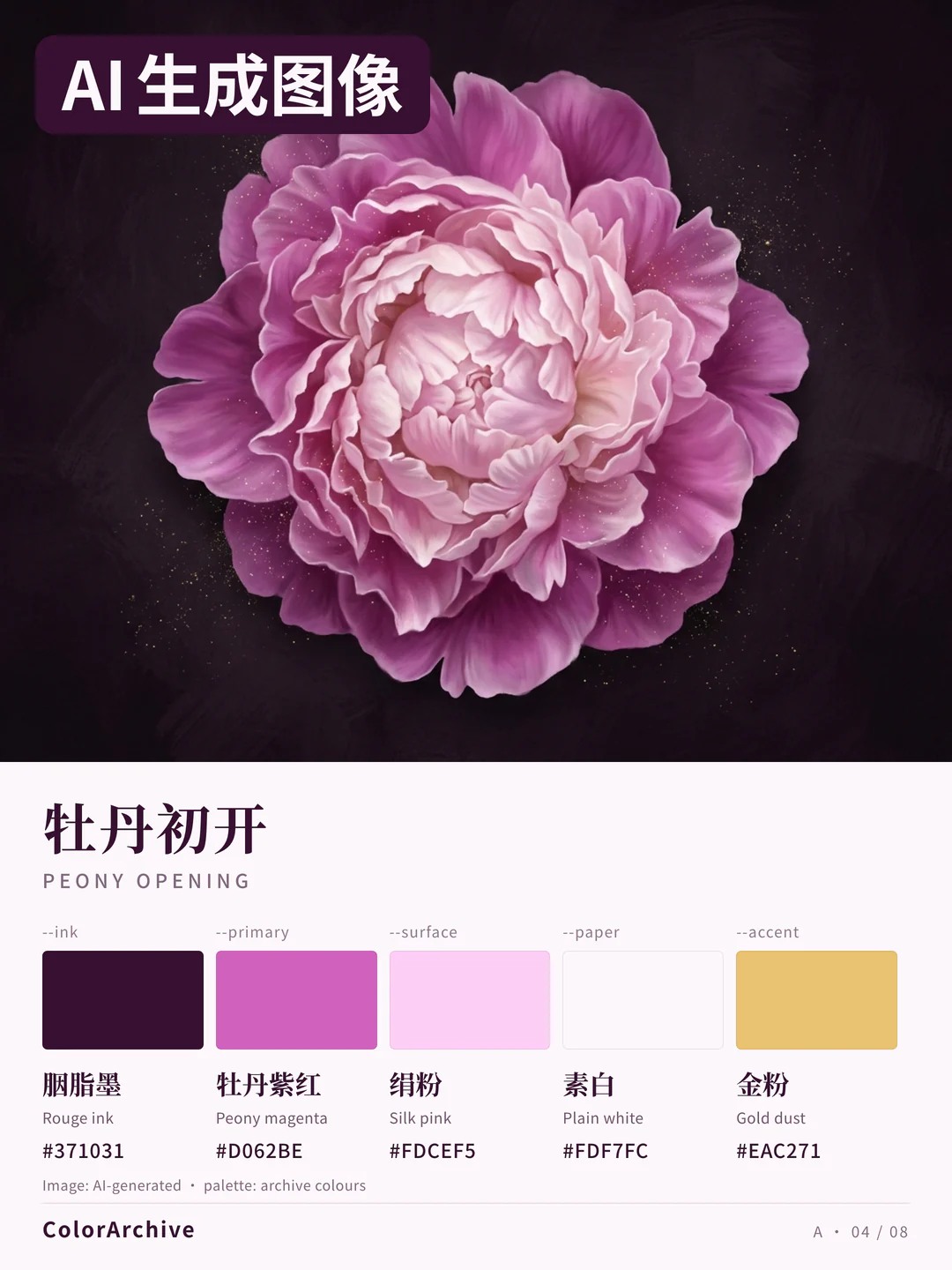AI-generated image: overhead view of an opening peony dusted with gold, with five swatches and hex codes.