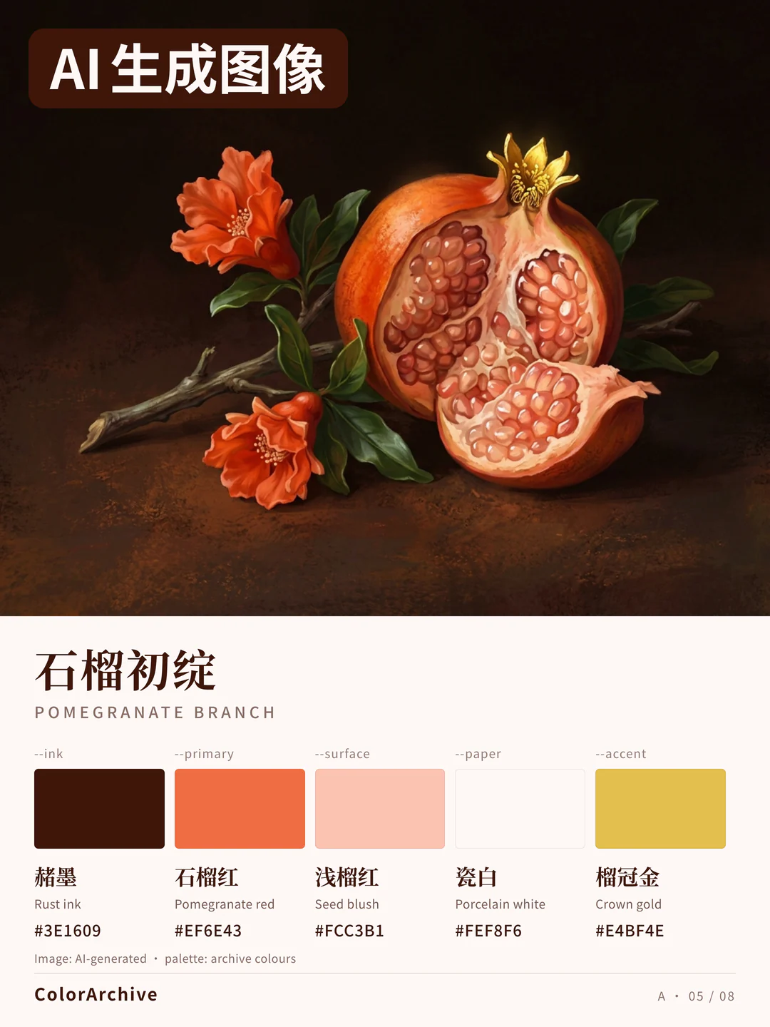 AI-generated image: still life of a pomegranate branch with a split fruit and blossoms on a dark ground, with five swatches and hex codes.