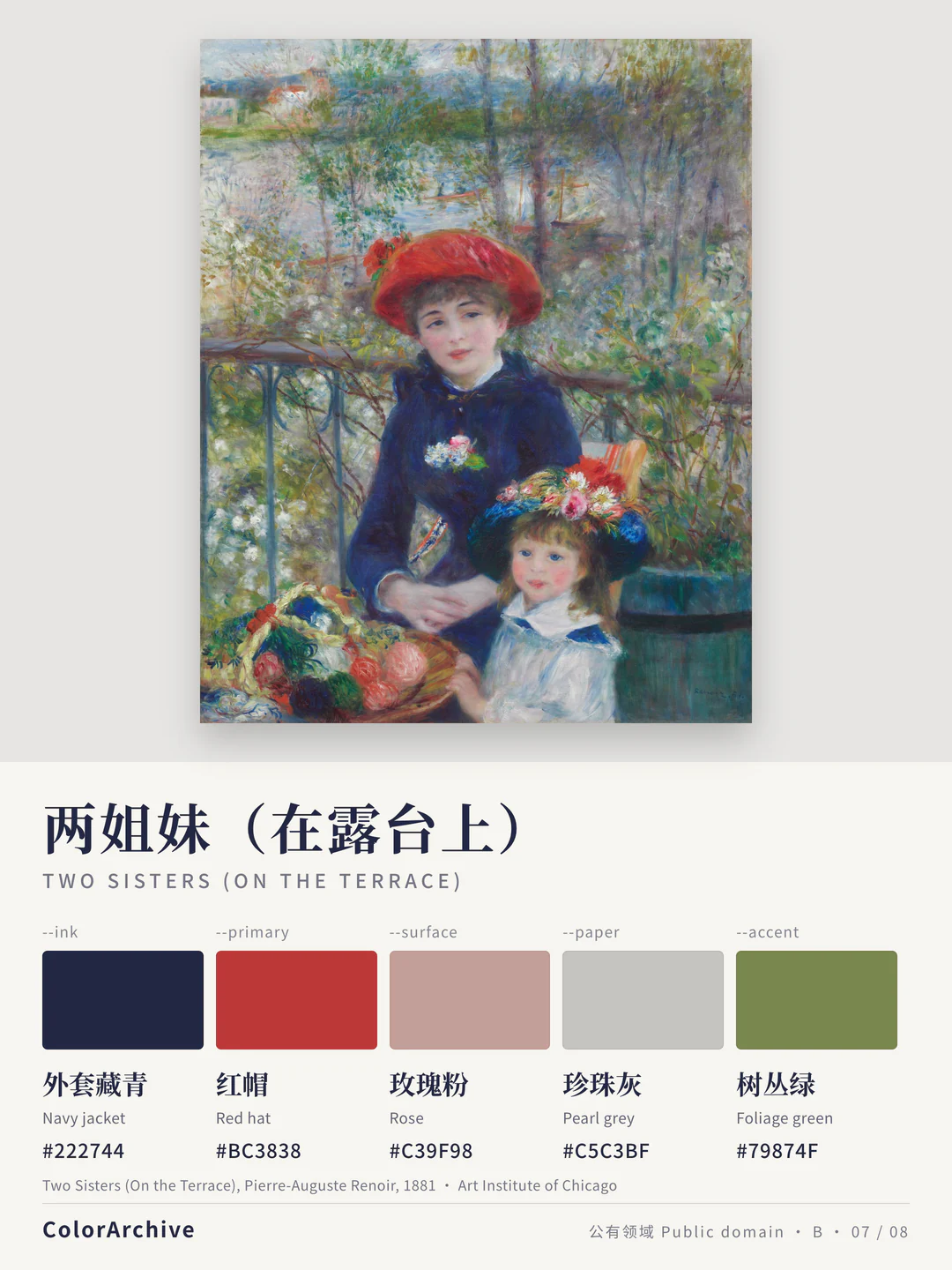 Renoir's Two Sisters (On the Terrace) (Art Institute of Chicago, public domain) with five swatches and hex codes picked from the painting.